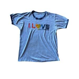 Vtg Rainbow I Love Holy Rosary USA Made Heather Blue Single Stitch XL Ringer